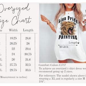 Puede incluir: Tabla de tallas de camiseta de gran tama&ntilde;o con medidas en pulgadas. La tabla muestra el ancho y la longitud de la camiseta en las tallas S a 4XL. La tabla est&aacute; etiquetada como "Oversized Size Chart".