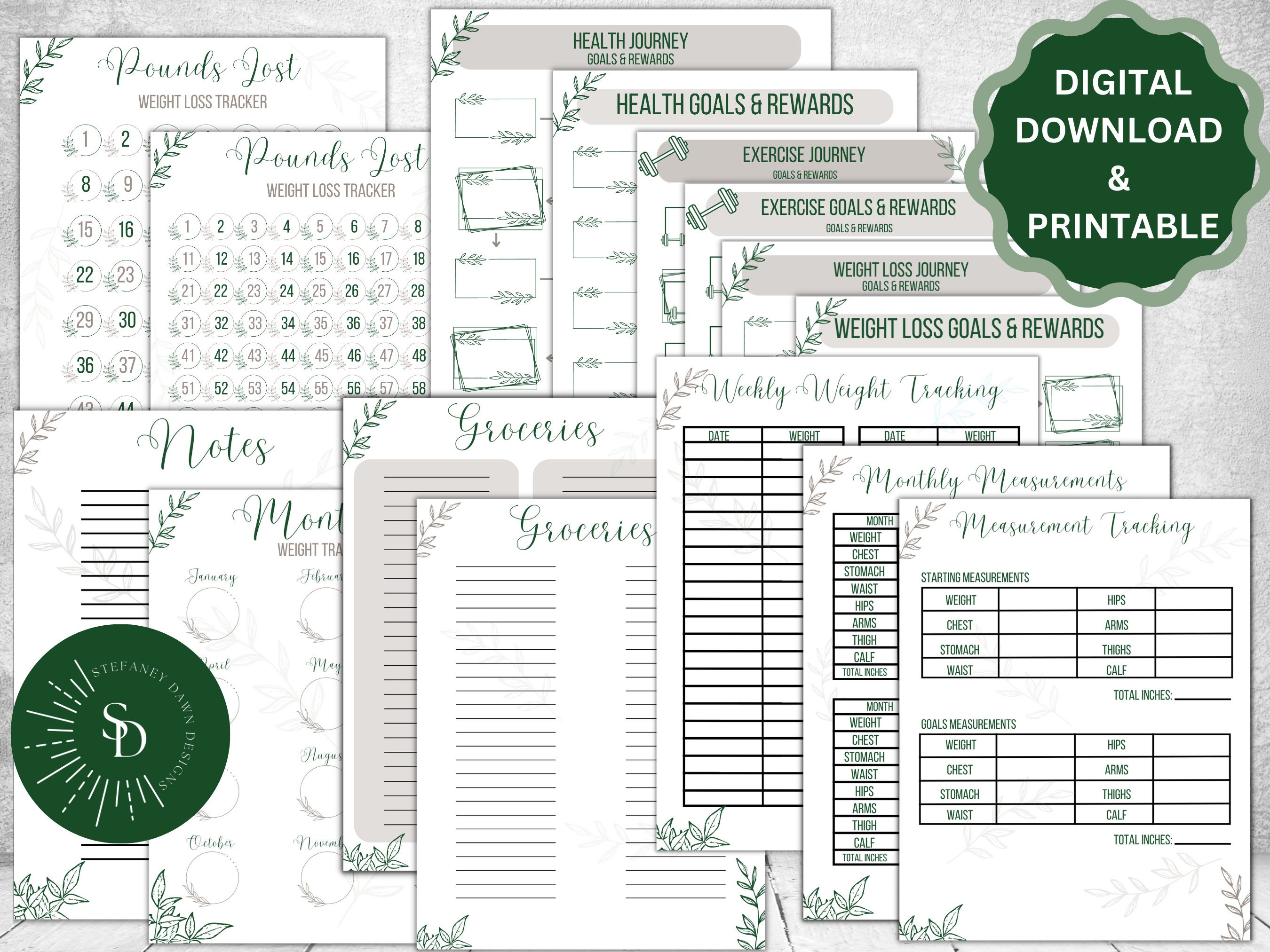 Printable Digital Weight Loss Tracker Bundle, Health Fitness Exercise ...