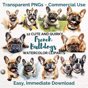 12 French Bulldog Cliparts, Watercolor Frenchie Sublimation Designs, PNG & JPG Files, Digital Illustrations, Print on Demand, Junk Journal