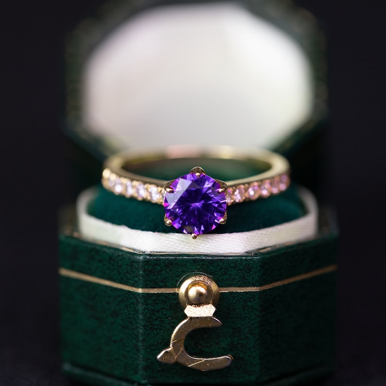 Vintage 1CT Purple Spinel Engagement Ring Art Deco Diamond Engagement Ring Round Cut 6.5MM Spinel Ring Yellow Gold Moissanite ring For Women shops