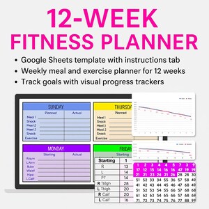 May include: A digital 12-week fitness planner on a tablet. The planner includes sections for meal planning, exercise tracking, and goal tracking. The screen shows a weekly layout with space for planned and actual entries, along with visual progress trackers.