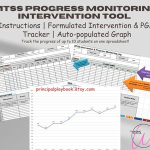 May include: A digital MTSS Progress Monitoring Intervention Tool. The image shows a spreadsheet with instructions, a tracker, and an auto-populated graph. The spreadsheet tracks the progress of up to 10 students. The text on the image says "principalplaybook.etsy.com".
