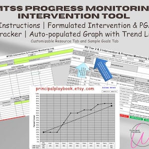 May include: A digital MTSS Progress Monitoring Intervention Tool with instructions, a formulated intervention, and a PGM tracker. The tool includes an auto-populated graph with a trend line, a customizable resource tab, and a sample goals tab. The text "principalplaybook.etsy.com" is visible.