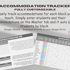Könnte beinhalten: Digitaler Accommodation Tracker für Google Sheets. Vollständig anpassbares Dokument zur einfachen Verfolgung von Schülerunterkünften. Enthält Anweisungen und einen Beispiel-Tracker.