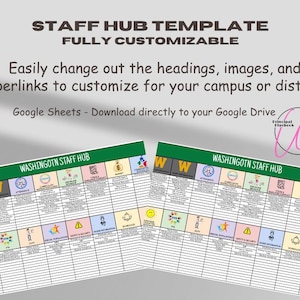 May include: Two digital templates titled "STAFF HUB TEMPLATE" and "WASHINGOTN STAFF HUB" are displayed. The templates are fully customisable, allowing users to change headings, images, and hyperlinks. The text "Google Sheets - Download directly to your Google Drive" is also visible.