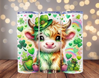 Highland Cow St. Patricks Skinny Tumbler | 20oz Highland Cow Tumbler | St. Patricks Day Gift Tumbler | St Patty's Day Cup | Baby Hihgland