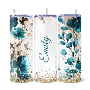 Personalized Floral Tumbler | 20oz Flower Tumbler | Blue Floral Gift Tumbler | Gifts for Her | Elegant Flower Tumbler |Floral Skinny Tumbler