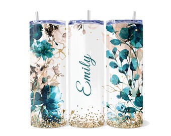 Personalized Floral Tumbler | 20oz Flower Tumbler | Blue Floral Gift Tumbler | Gifts for Her | Elegant Flower Tumbler |Floral Skinny Tumbler