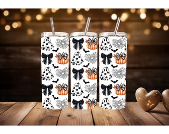 Halloween Kürbis, schwarze Schleife, Geist & Spinnennetz Becher | 20oz Becher | Halloween Becher | Halloween Wasserflasche|Halloween Bögen Tumbler