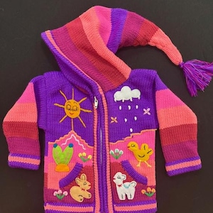 Children peruvian hoodie sweater, embroidered sweater, kid cardigan, fall winter sweater for kids, cute baby sweater, handmade sweater.