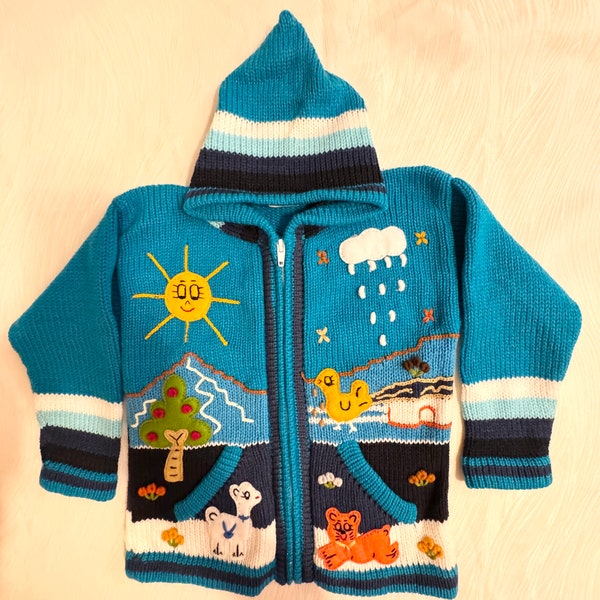 Children peruvian hoddie sweater, embroidered sweater, kid cardigan, fall winter sweater for kids,cute baby sweater, handmade sweater.