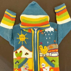 Children peruvian hoodie sweater, embroidered sweater, kid cardigan, fall winter sweater for kids, cute baby sweater, handmade sweater.