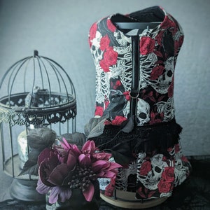 Skulls and Roses Dog Harness Dress: Halloween Pet Halter Skirt