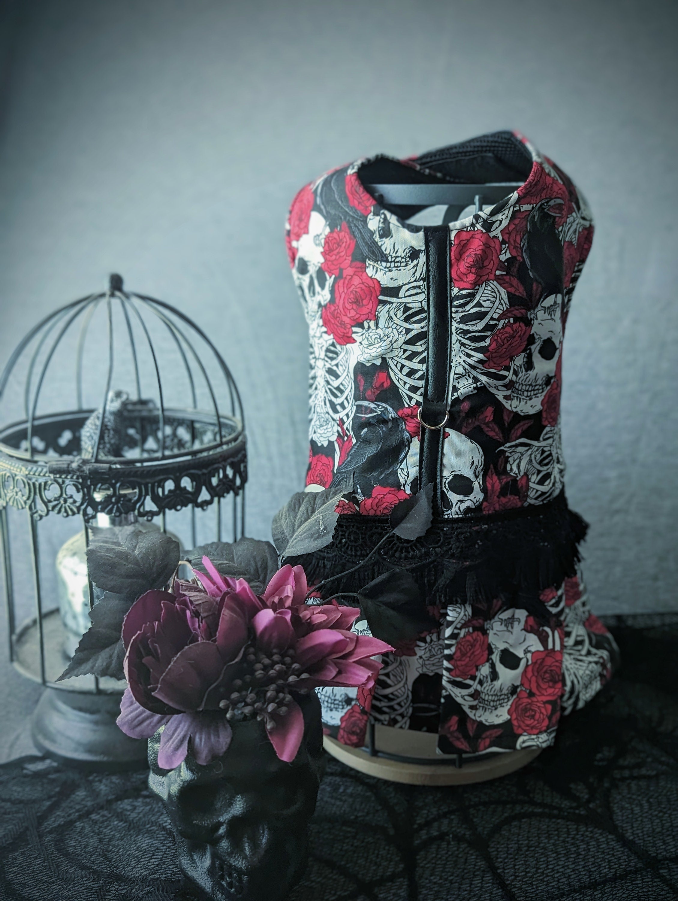 Skulls and red roses dog harness dress | Halloween pet halter skirt | x-small, small, medium, large, x-large