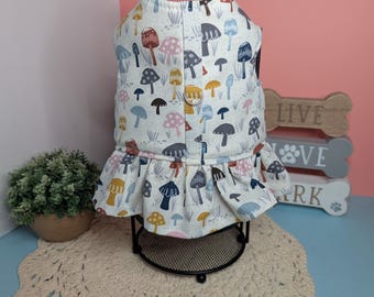 Blue grey mushroom dog harness dress | pet duck-cloth mesh halter skirt | x-small, small, medium, large, x-large