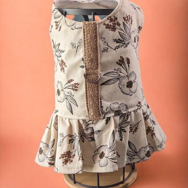 Neutral beige floral dog harness dress | sepia magnolia pet duck-cloth mesh halter skirt | x-small, small, medium, large, x-large