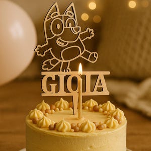 Decorazione per torta di compleanno per bambini - Personalizzata con nome - Tema stile cartone animato Bluey - Decorazione in legno naturale