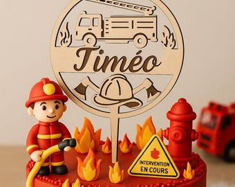 Firefighter themed wooden cake topper - personalized cake - firefighters theme