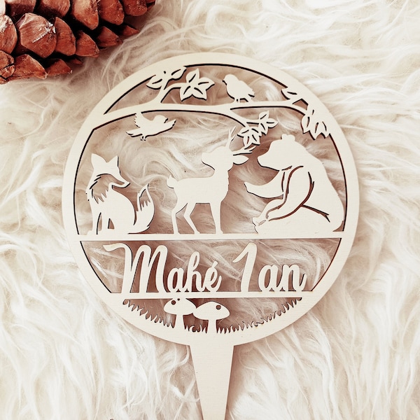 Wooden cake topper forest animal theme 3 - personalized cake