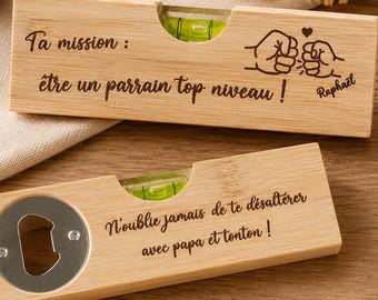 Wooden spirit level with bottle opener and personalized engraving - ideal gift for DIY enthusiasts, grandpas, uncles, neighbors, godfathers, and fathers-in-law