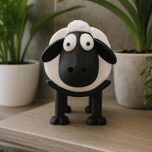 Puede incluir: Una figura de oveja caprichosa con cara, orejas y patas negras, y cuerpo y cabeza blancos. La oveja tiene ojos grandes y expresivos y está sobre una estantería de madera. Un artículo decorativo.