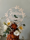 Personalized wooden floral wreath cake topper – elegant decoration for baptisms, weddings and birthdays – custom cake topper product logo