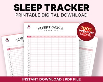 Op de afbeelding: Een afdrukbare digitale download met de titel "SLEEP TRACKER" met een checklist-indeling. Het ontwerp heeft een roze en witte kleurstelling, met een "100% PREMIUM DESIGN"-badge. De tekst "INSTANT DOWNLOAD | PDF FILE" is ook opgenomen.