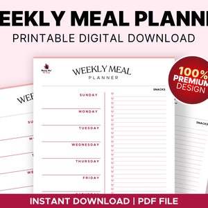 Weekly Meal Planner Printable, Meal Tracker, Food Journal, Food Diary, Meal Planning, Food Planner Pink, Planner Pages, Simple Planner, PDF