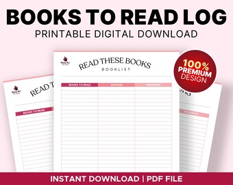 May include: Printable book log with a pink and white color scheme. The log has columns for the book title, author, and progress. The text "READ THESE BOOKS BOOKLIST" is at the top of the log.