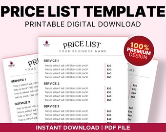 Modelo de lista de preços para pequenas empresas, folha de preços para impressão, guia de preços, lista de preços de salão de beleza, lista de preços de spa, lista de preços em Powerpoint, editável