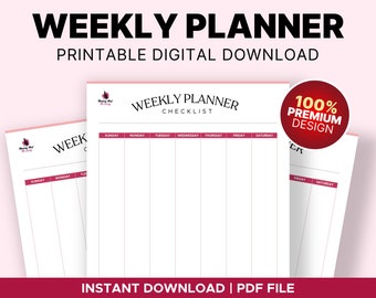 Planificador Semanal Imprimible, Organizador Semanal, Lista de Tareas, Lista de Verificación Semanal, Planificador de Productividad, Planificador Mínimo Rosa, Planificador Lindo, PDF