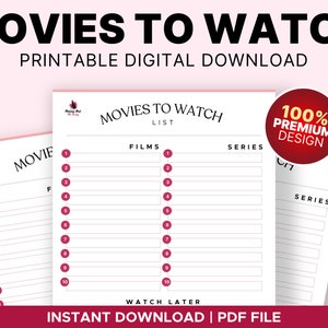 Movies to Watch Planner, TV Shows to Watch, Movies List, Movies Tracker Printable, Series to Watch, Movie Watch list, Film to Watch, PDF