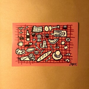 Postal de picnic cita romántica baguette flores sombrero café pintura sandía gato cartulina postal