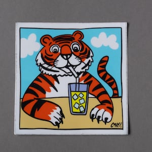 Tigre bebiendo limonada, calcomanía para computadora portátil, calcomanía linda, calcomanía para botella de agua, calcomanía para cuadernos y álbumes de recortes