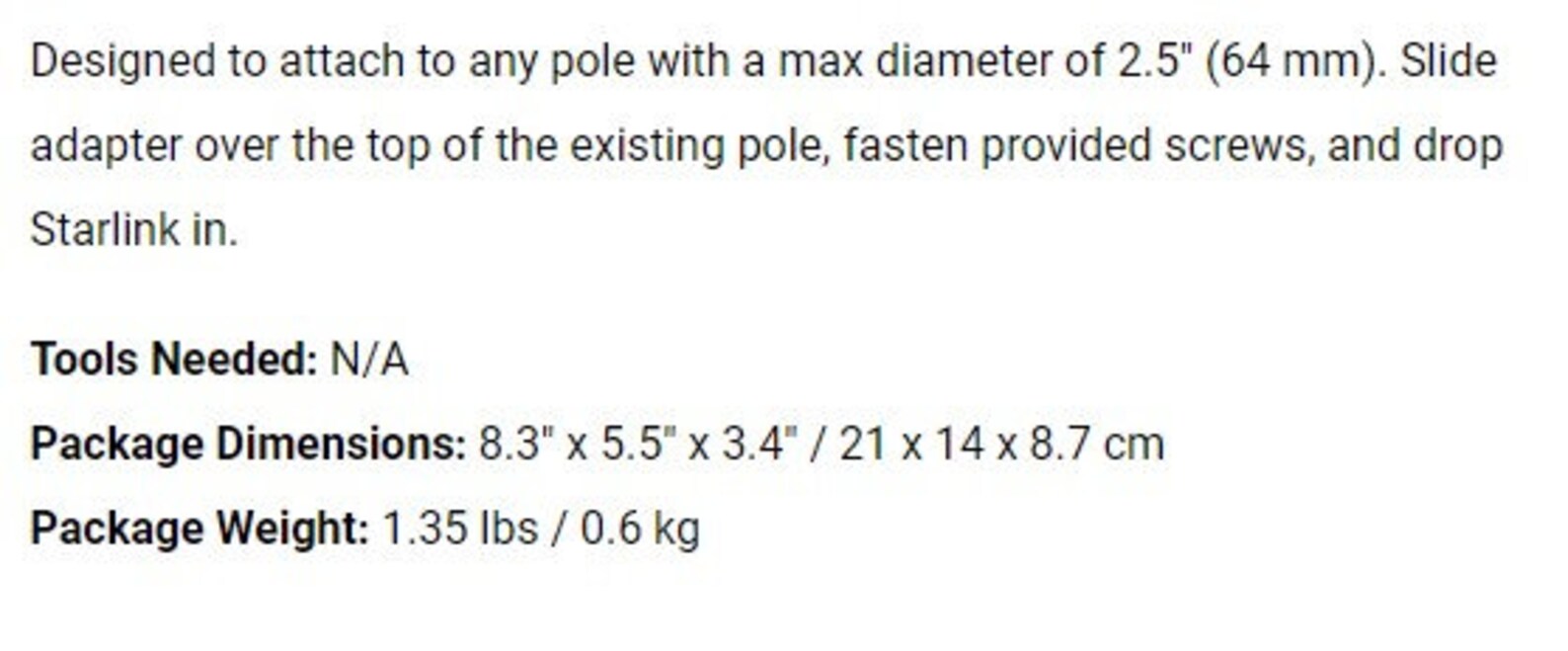Starlink Pipe Adapter Kit Mount, for V2 Rectangular Dish Free Fast