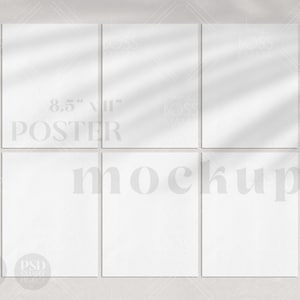Maqueta de póster, 8,5x11" seis páginas personalizables / Galería moderna de superposición de sombras mínimas, 6 maquetas de papelería de papel de arte de pared limpias JPG, PSD T01