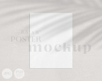 Poster Mockup, 8.5x11&quot; customizable page template | Modern minimal shadow overlay, clean wall art paper mock for stationery JPG, PSD T01