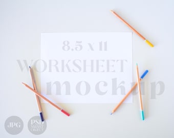 Neutral Worksheet Mockup, coloring pencil paper mock | 8.5x11&quot; Modern minimal landscape poster, planner photo mock template | JPG PSD E01