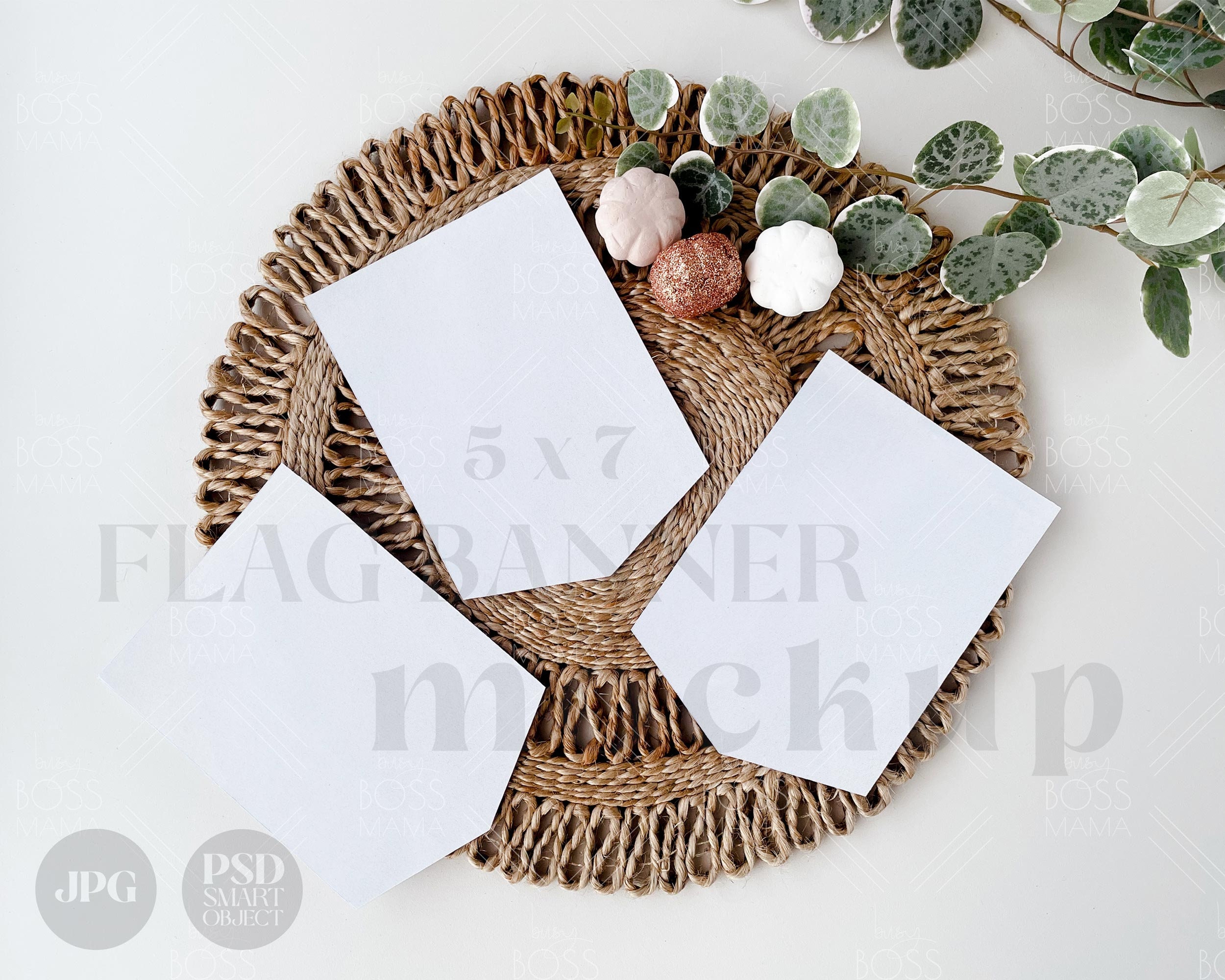 Fall Flag Banner Mockup, 5x7" bunting photo mock template | Modern boho pumpkin mock up | Halloween, Thanksgiving, Birthdays JPG, PSD T01