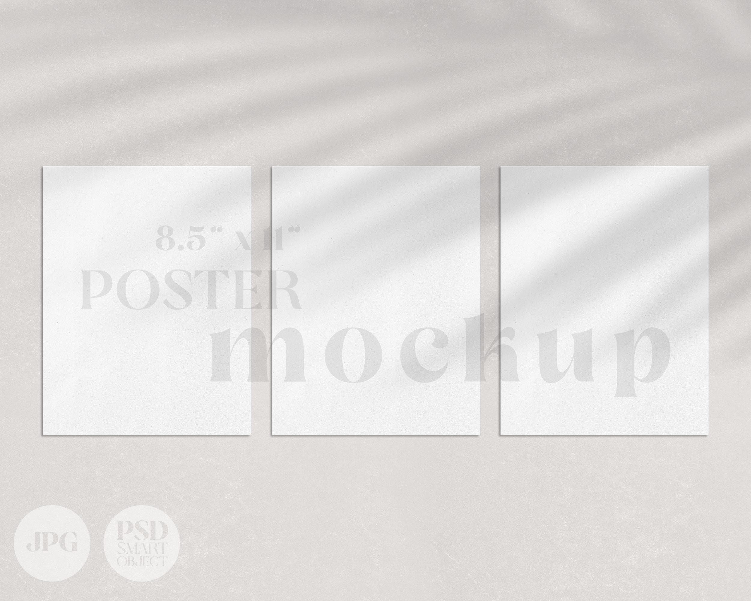Poster Mockup, 8.5x11" three customizable pages | Triple modern minimal shadow overlay, 3 clean wall art paper stationery mock JPG, PSD T01