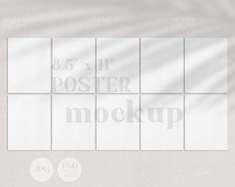 Poster Mockup, 8.5x11" ten customizable pages | Modern minimal shadow overlay gallery, 10 clean wall art paper stationery mock JPG, PSD T01