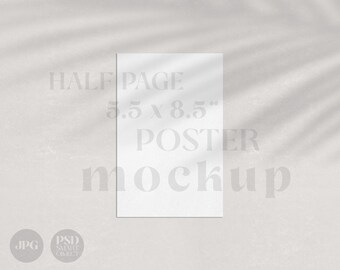 Poster Mockup, 5.5x8.5" customizable page template | Half page modern minimal shadow overlay, clean paper mock for stationery JPG, PSD T01