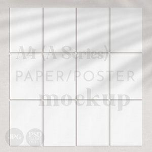 Maqueta de póster, A4, 12 páginas personalizables, galería de superposiciones múltiples con sombras minimalistas modernas, maqueta de papel de arte de pared limpio, JPG PSD T01