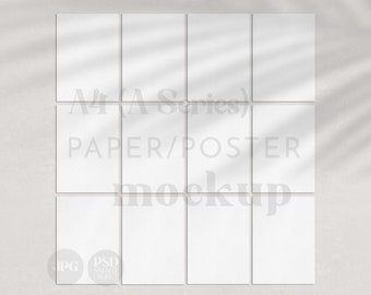 Poster Mockup, A4 12 customizable pages | Modern minimal shadow multi overlay gallery, clean wall art paper stationery mock JPG PSD T01