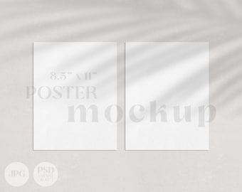 Poster Mockup, 8.5x11&quot; two customizable pages | Double modern minimal shadow overlay, clean wall art paper stationery mock JPG, PSD T01