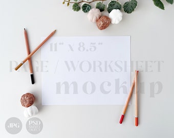 Fall Worksheet Mockup, coloring pencil paper mock | Thanksgiving poster, planner photo mock template | Modern minimal pumpkin, JPG PSD F01