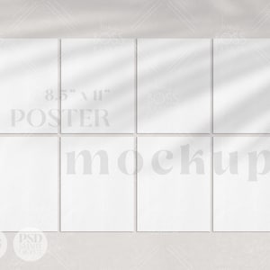 Maqueta de póster, 8,5x11" ocho páginas personalizables / Galería moderna de superposición de sombras mínimas, 8 maquetas de papelería de papel de arte de pared limpias JPG, PSD T01