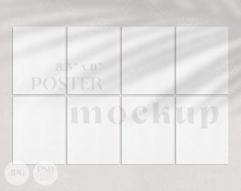 Poster Mockup, 8.5x11&quot; eight customizable pages | Modern minimal shadow overlay gallery, 8 clean wall art paper stationery mock JPG, PSD T01