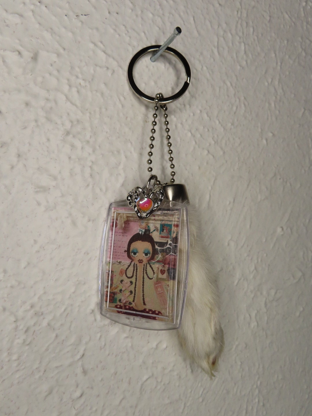 Rabbit Foot Artwork Keychain With Silver Heart Jewel Charm and Keyring ...