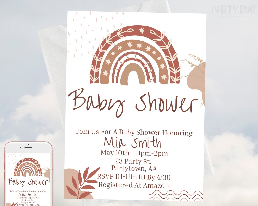 Editable Boho Baby Shower Invitation, Girl Boho Shower Invite, Boho Rainbow Baby Shower